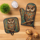 Elegante retro uil boho bohemian bos groen ovenwant & pannenlap set (Top down)