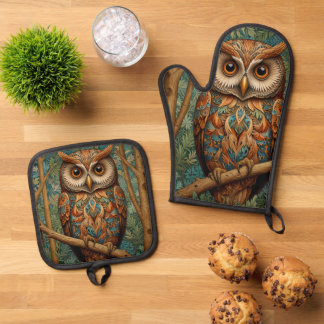 Elegante retro uil boho bohemian bos groen ovenwant & pannenlap set
