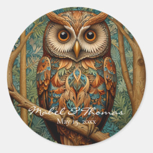 Elegante retro uil boho bohemian bos groen ronde sticker