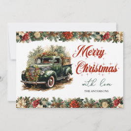 Elegante Retro vintage Kerstmis groene vrachtwagen Feestdagenkaart