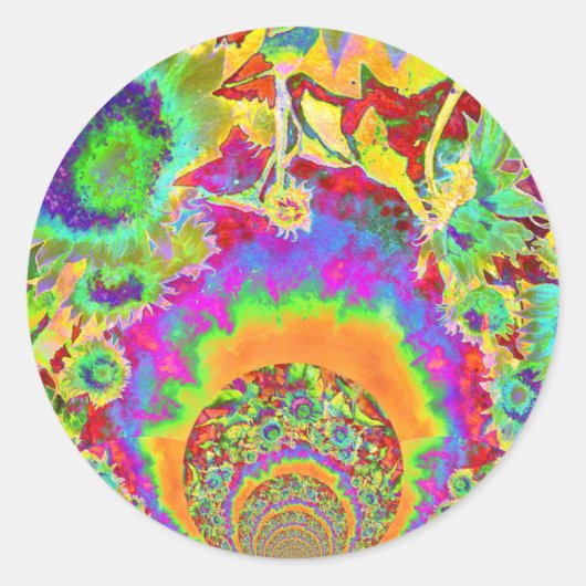 Elegante retro waterverf zonnebloemvelden ronde sticker (Voorkant)