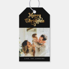 Elegante Retro Zwart en Goud Vrolijke Kerstfoto Cadeaulabel