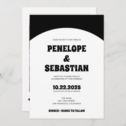 Elegante Retro Zwart & Wit Groovy Trendy bruiloft Kaart (Voorkant / Achterkant)