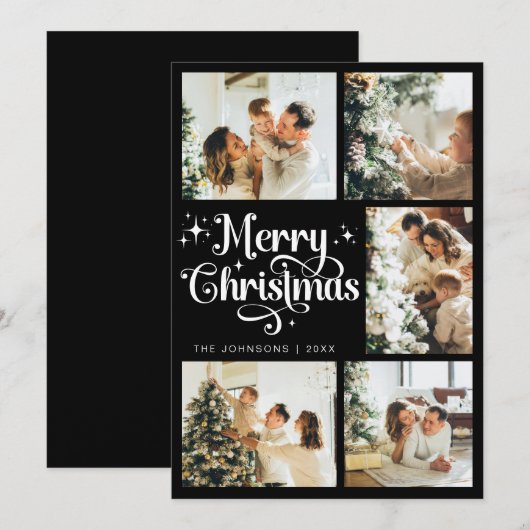Elegante Retro Zwart & Wit Vrolijk Kerstgezin Feestdagenkaart (Voorkant / Achterkant)