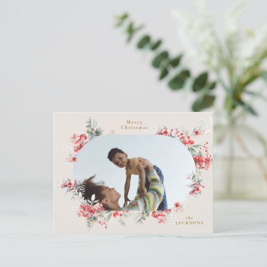 Elegante rijke crème foto botanische kerst feestdagenkaart (Staand voorkant)