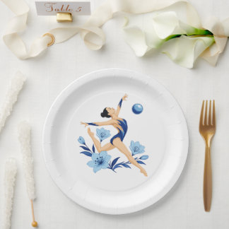 Elegante Ritmisch Gymnast met Blauwe Bloemen Papieren Bordje