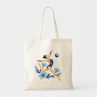 Elegante ritmische gymnaste met tas met blauwe blo