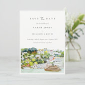 Elegante riviercruise landschap aquarel save the date (Staand voorkant)
