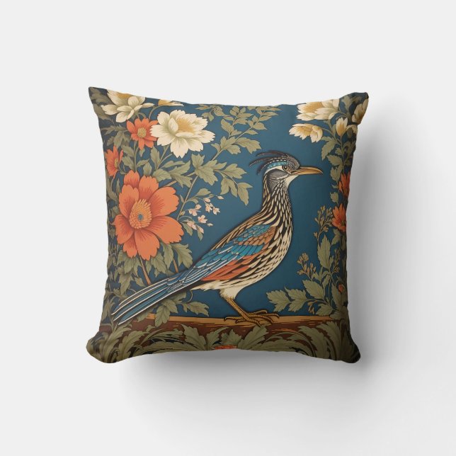 Elegante Roadrunner Bird William Morris geïnspiree Kussen (Voorkant)