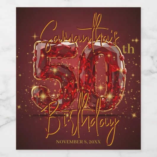 Elegante robijn en gouden edelsteen 50e verjaardag wijn etiket (Enkel label)