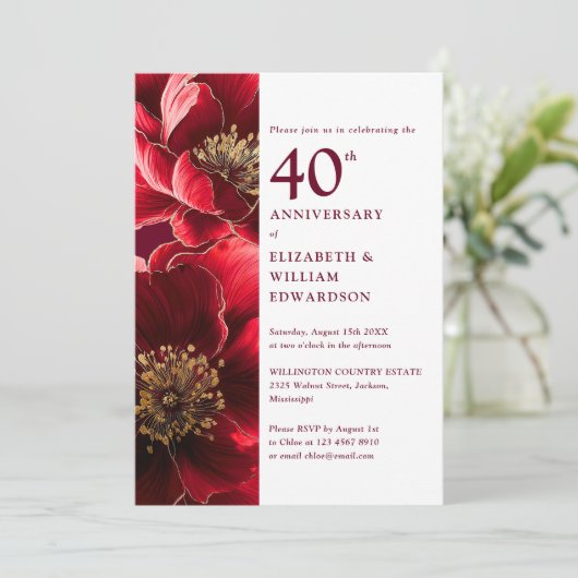 Elegante robijnrode en gouden bloem 40e Jubileum Kaart (Staand voorkant)