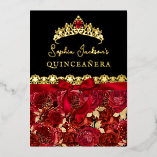 Elegante Robijnrode Gouden Roos Quinceanera Folie Uitnodiging