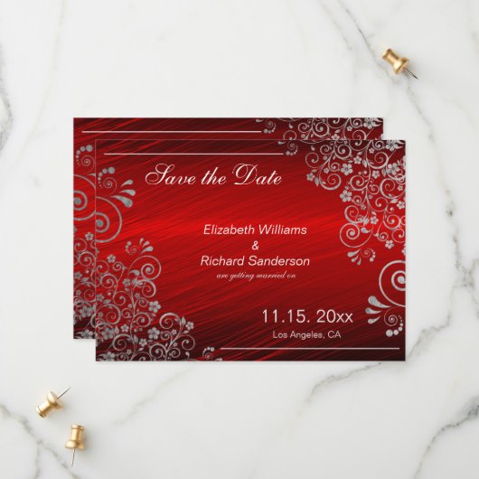 Elegante Robijnrode Grijze Save the Date Huwelijk (Voorkant / Achterkant in situ)