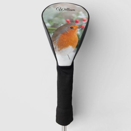 Elegante Robin in Sneeuwrode bessen gepersonalisee Golfheadcover (Voorkant)