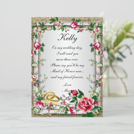 Elegante robuuste rode rozen bruidsmeisje kaart (Staand voorkant)