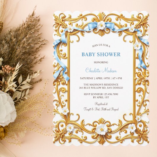 Elegante Rococo Blue Gold Floral Boy Baby shower Kaart