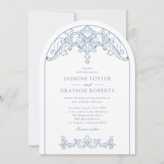 Elegante Rococo Blue Wedding Kaart (Voorkant)