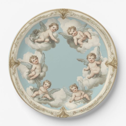 Elegante Rococo Cherub Cloud Blue Paper Bord (Voorkant)