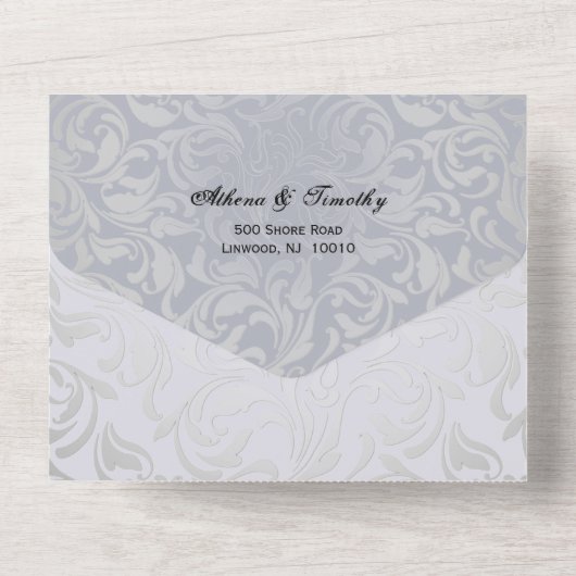 Elegante Rococo Era Zilveren bruiloft Uitnodigen All In One Uitnodiging (Achterkant)