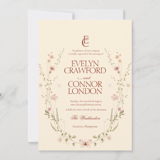 Elegante Rococo Monogram Bloemen Rustiek Huwelijk Kaart (Voorkant)