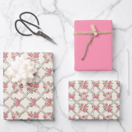 Elegante Rococo Revival Roze Bloemen & Beige Trali Inpakpapier Vel