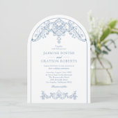 Elegante Rococo Vintage Blauwe Bruiloft Kaart (Staand voorkant)