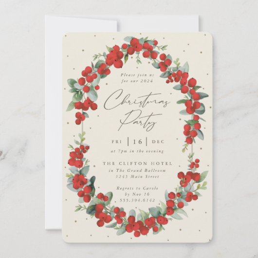 Elegante Rode Bes + Eucalyptus Kerstfeest Kaart (Voorkant)