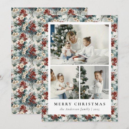 Elegante rode bessen en bloemen botanische kerst feestdagenkaart (Voorkant / Achterkant)