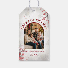 Elegante Rode Bessen Familie Foto Kerstvakantie Cadeaulabel