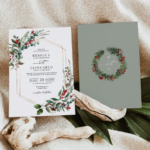 Elegante rode bessen groen kerstbruiloft kaart