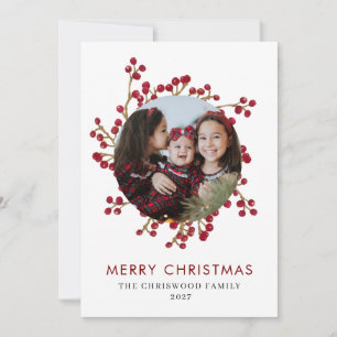 Elegante Rode Bessen Krans Familie Foto Kerstmis Feestdagenkaart