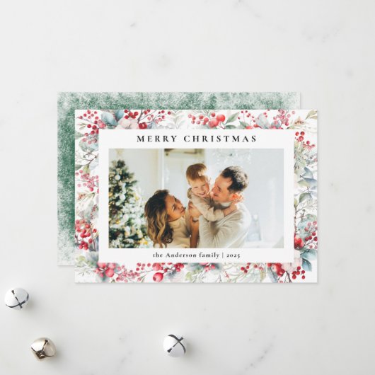Elegante rode bessen Vrolijke kerstfoto Feestdagenkaart (Voorkant / Achterkant in situ)