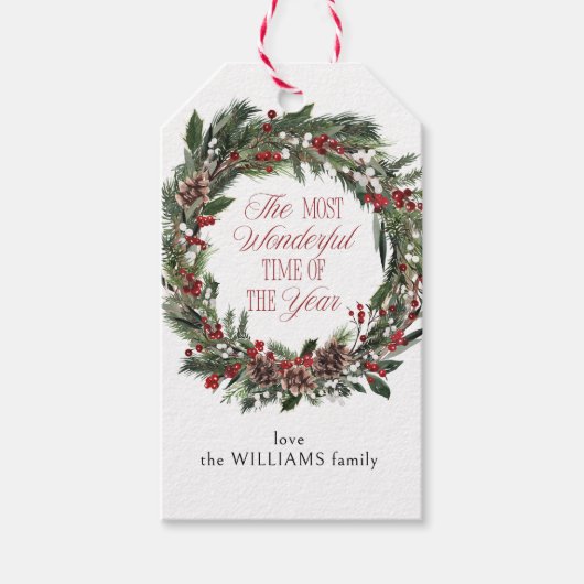 Elegante rode bessen Waterverf krans kerst Cadeaulabel (Voorkant)