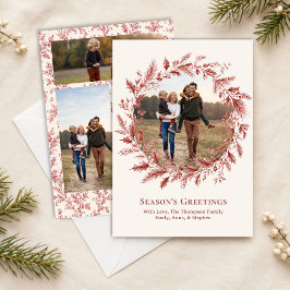Elegante Rode Bladerfoto Collage Kerstkrans Feestdagenkaart