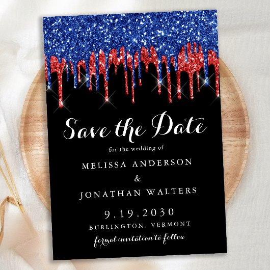 Elegante Rode Blauwe Glitter Druppels Patriottisch Save The Date