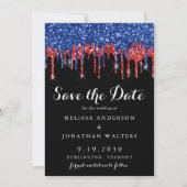Elegante Rode Blauwe Glitter Druppels Patriottisch Save The Date (Voorkant)