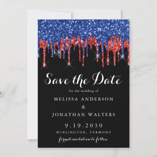 Elegante Rode Blauwe Glitter Druppels Patriottisch Save The Date (Voorkant)