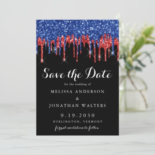 Elegante Rode Blauwe Glitter Druppels Patriottisch Save The Date (Staand voorkant)
