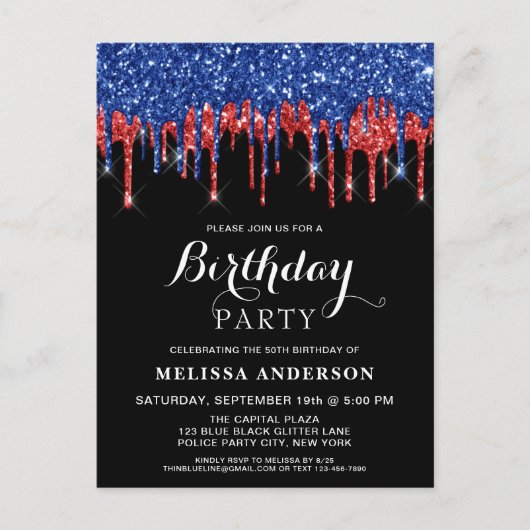 Elegante Rode Blauwe Glitterdruppels Patriottische Uitnodiging Briefkaart (Voorkant)