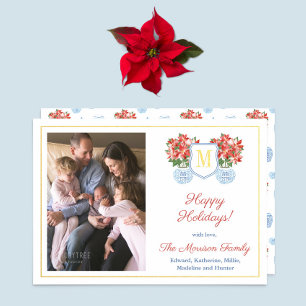 Elegante Rode Blauwe Poinsettia Familie Foto Goud Folie Feestdagenkaart