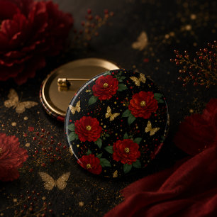 Elegante rode bloem en gouden vlinder ronde button 3,2 cm