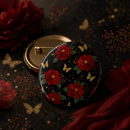 Elegante rode bloem en gouden vlinder ronde button 3,2 cm