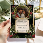 Elegante Rode Bloem Zwarte en Gouden Save the Date Kaart