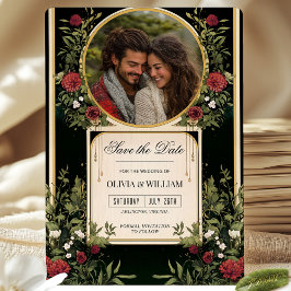 Elegante Rode Bloem Zwarte en Gouden Save the Date Kaart