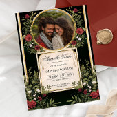 Elegante Rode Bloem Zwarte en Gouden Save the Date Kaart