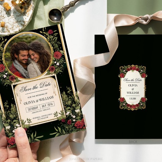 Elegante Rode Bloem Zwarte en Gouden Save the Date Kaart