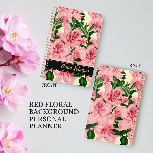 Elegante Rode Bloemen Achtergrond Aangepaste naam  Planner