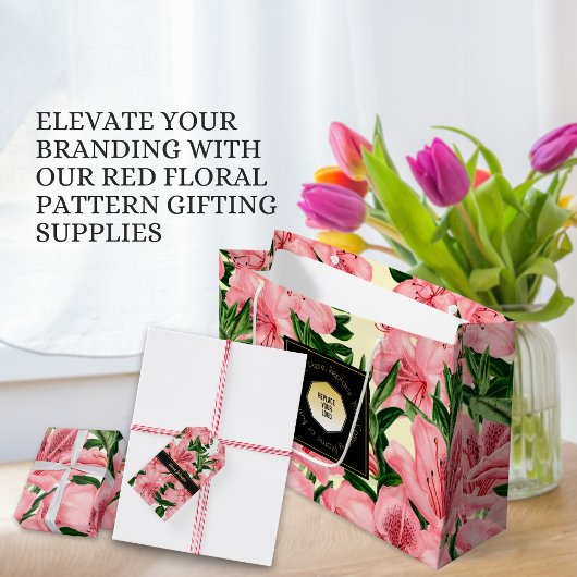 Elegante Rode Bloemen Achtergrond Bedrijfsnaam & L Cadeaulabel