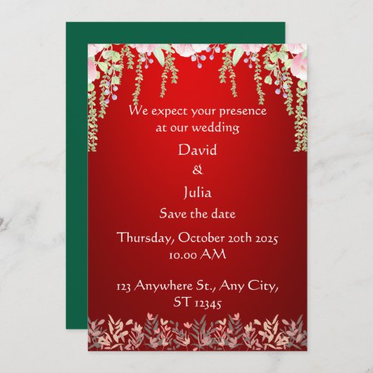 Elegante Rode Bloemen Art Deco Design bruiloft Kaart (Voorkant / Achterkant)