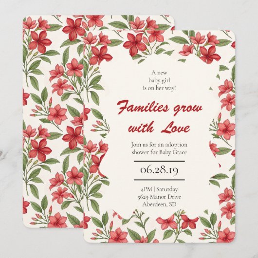 Elegante Rode Bloemen Botanische Adoptie Douche Kaart (Voorkant / Achterkant)